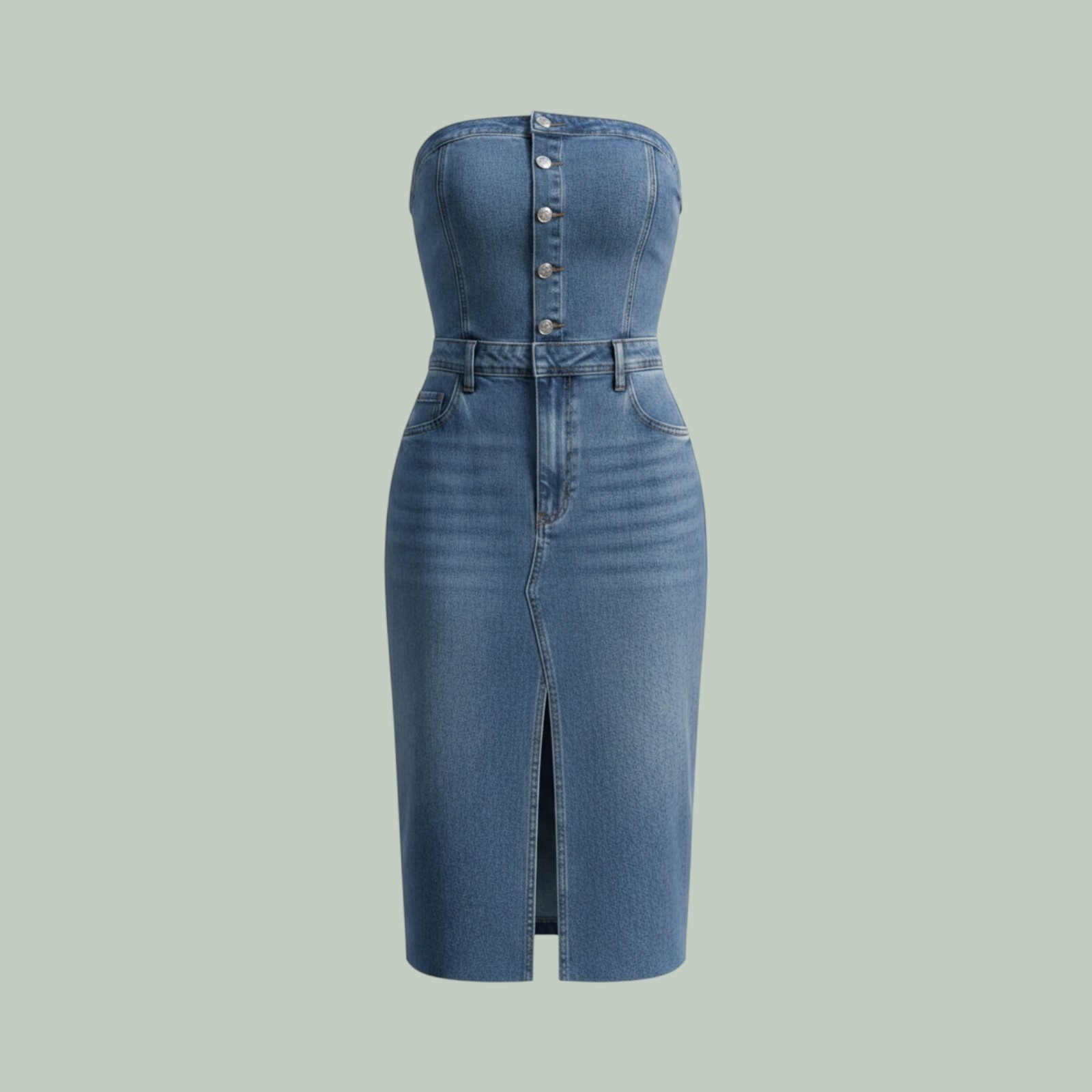Sincerely Jules Strapless Denim Midi Dress Frayed Hem Button Front Slit Size M