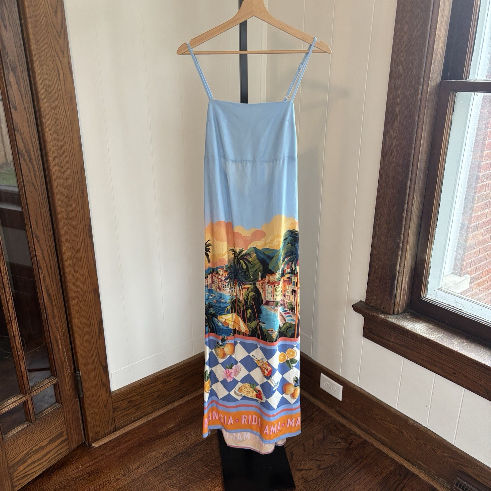 Paper Heart Tropical Palm Tree Landscape Maxi Slip Dress Tie Back Womens S NWT