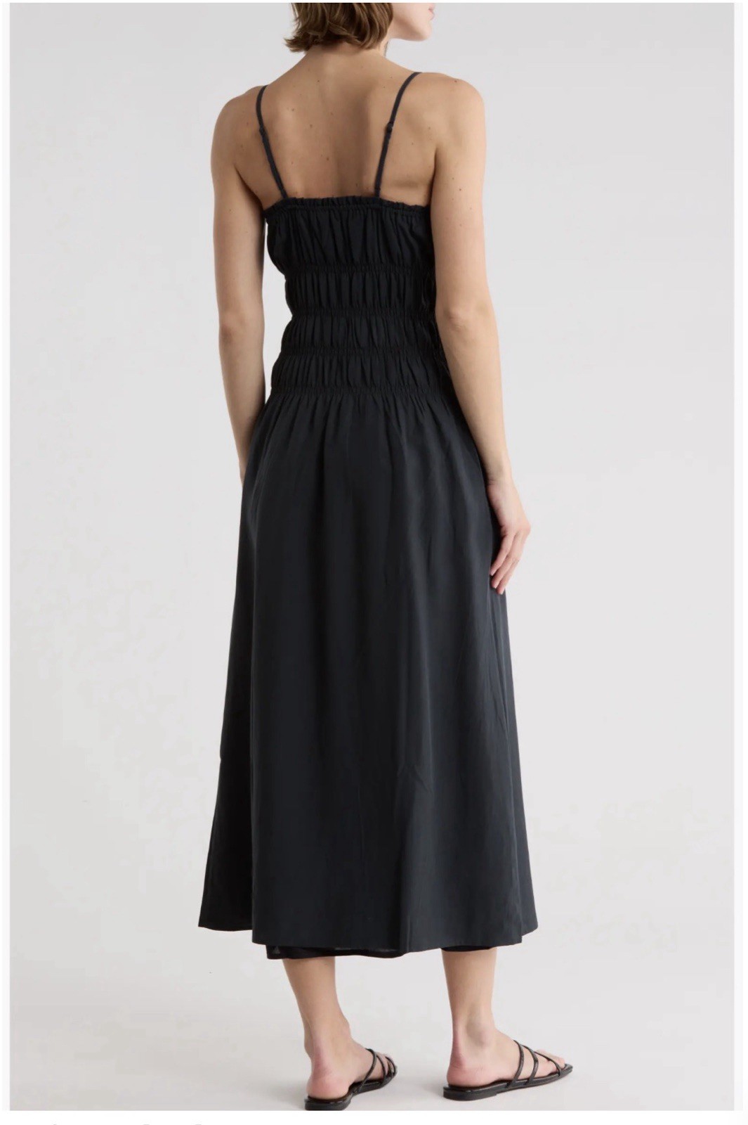 ONIA Black Smocked Midi Dress With Spaghetti Straps Large