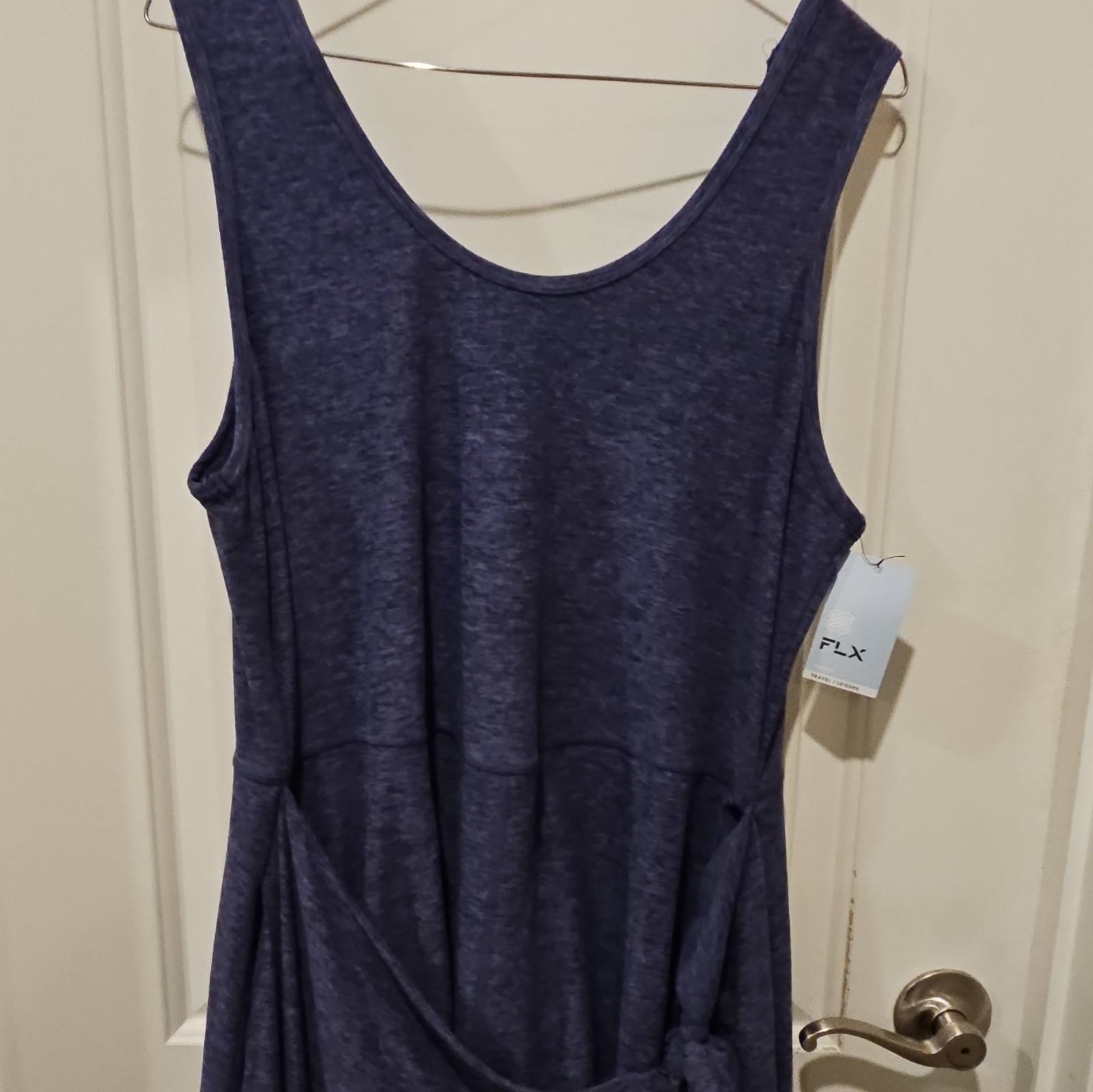 FLX Women’s Blue Scoop Neck Sleeveless Knit Midi Tank Dress Pockets Tie XL