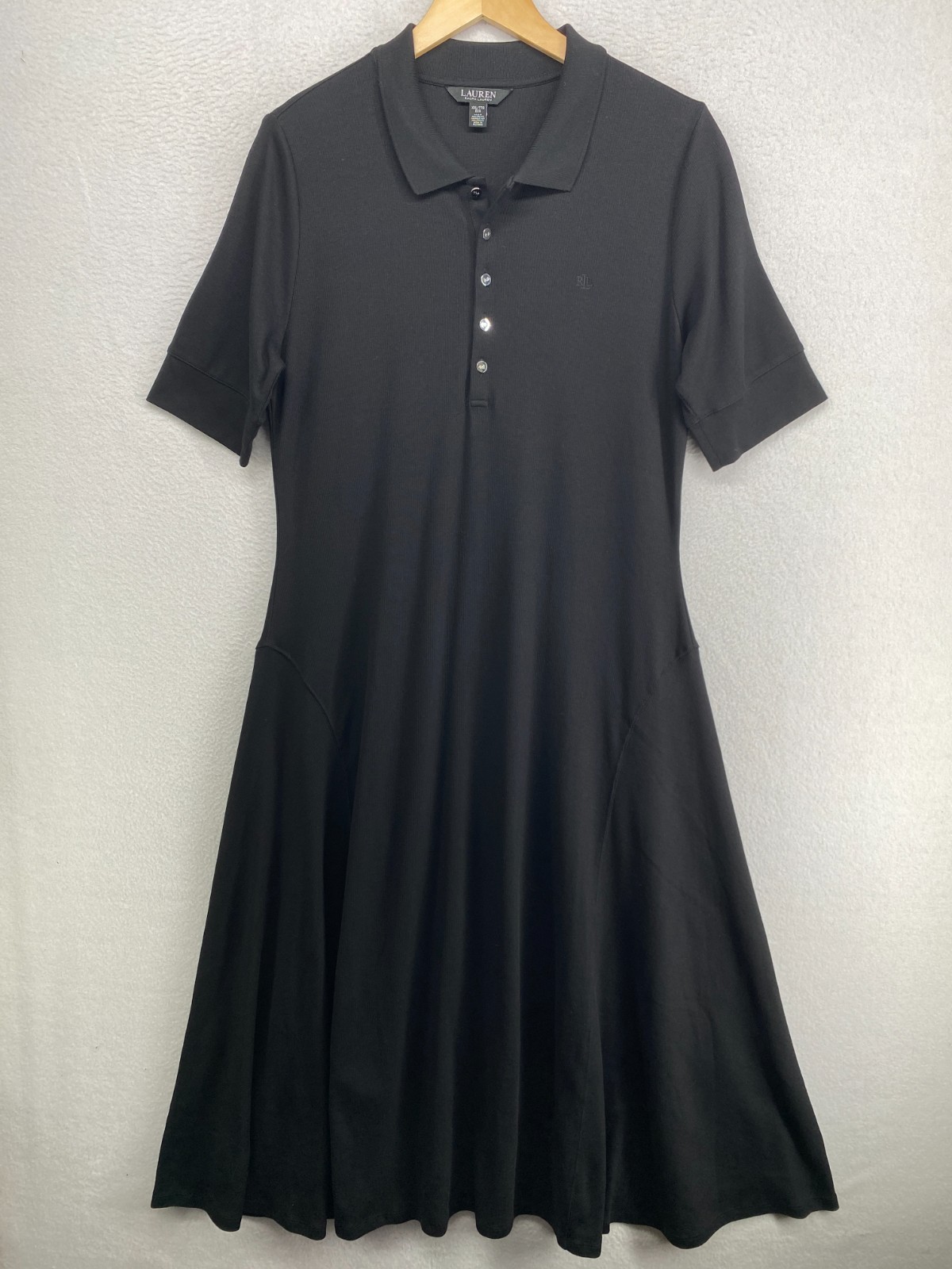 LAUREN RALPH LAUREN Dress 2XL Polo Flare A-Line Midi Short Sleeve Black NWOT