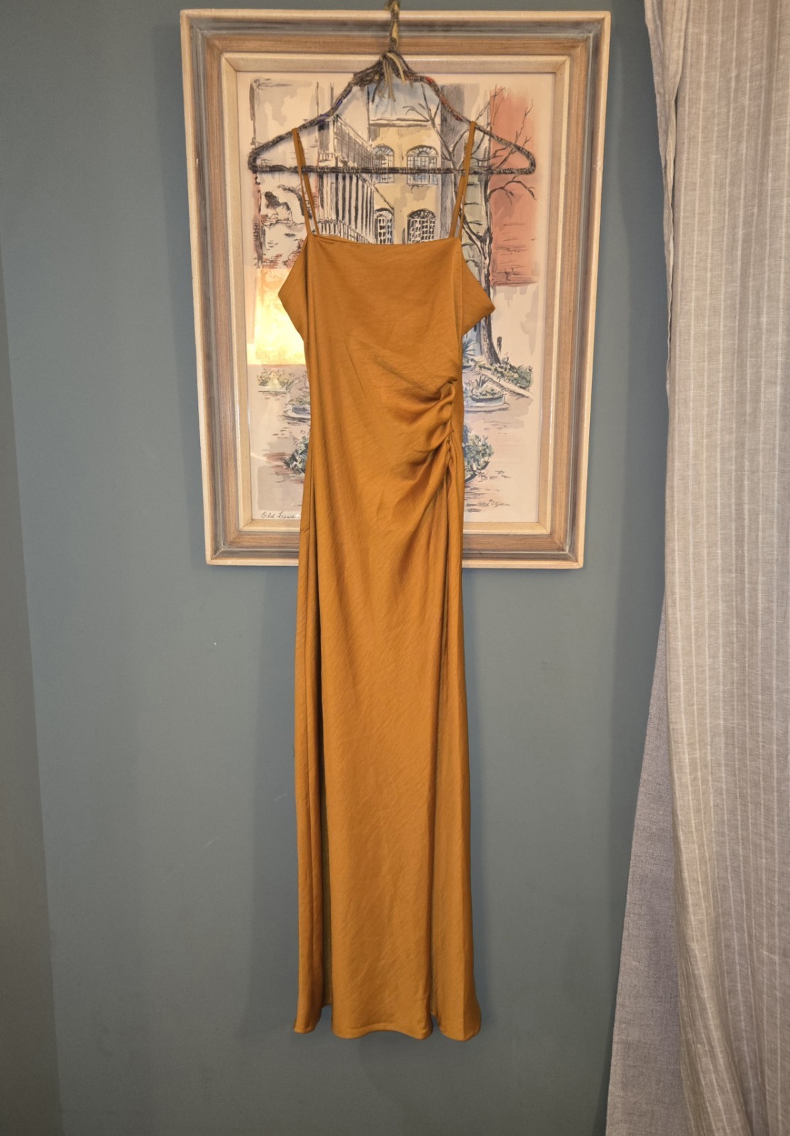 House of Harlow 1960 Gold Satin Ruched Maxi Slip Dress Cowl Neck Spaghetti S