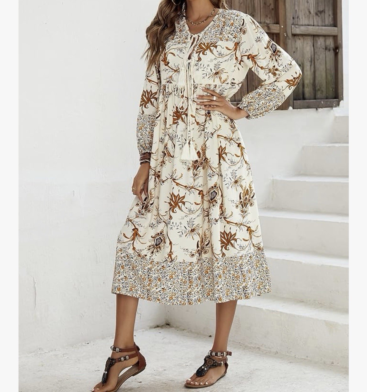 R. Vivimos Midi Dress Long Sleeve Floral Print V Neck Tassels Bohemian Size XL