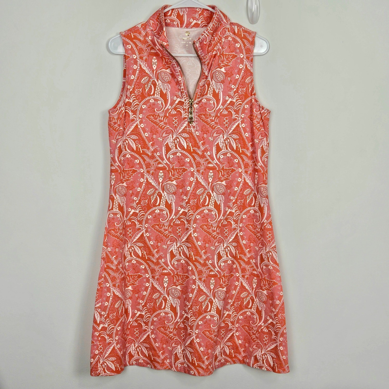 Spartina 449 Womens Dress Sz M Sleeveless Quarter Zip Coral Pink Floral Paisley