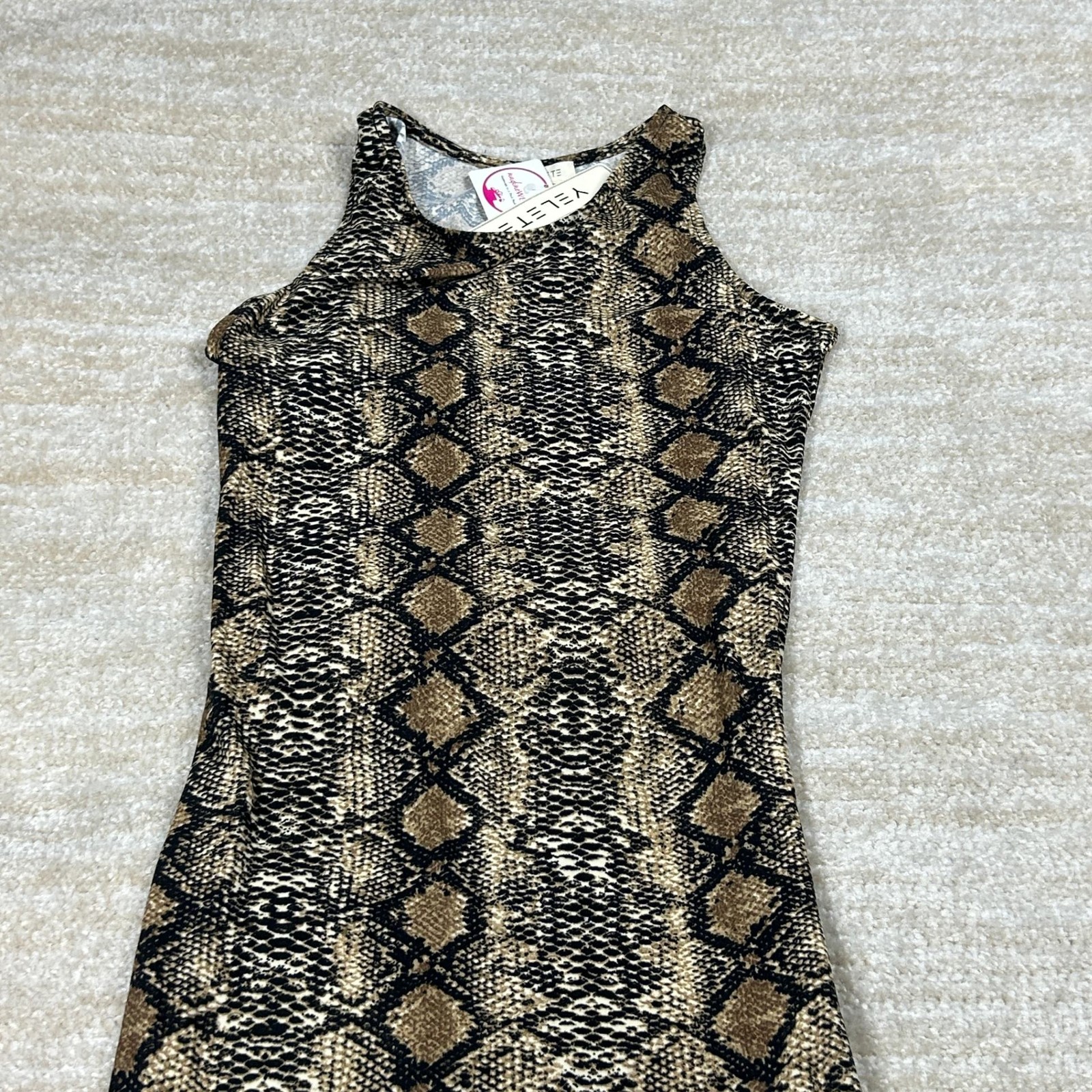 Yelette Dress Womens XL Snake Print Sleeveless Tank Maxi Stretch Polyester Brown