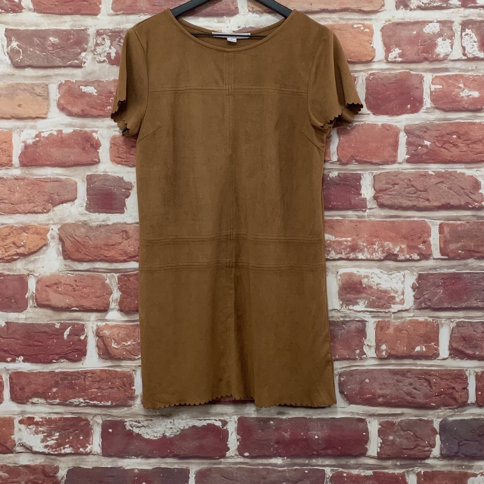 Hyfve Dress Womens Large Brown Faux Suede Lightweight Scalloped Pullover
