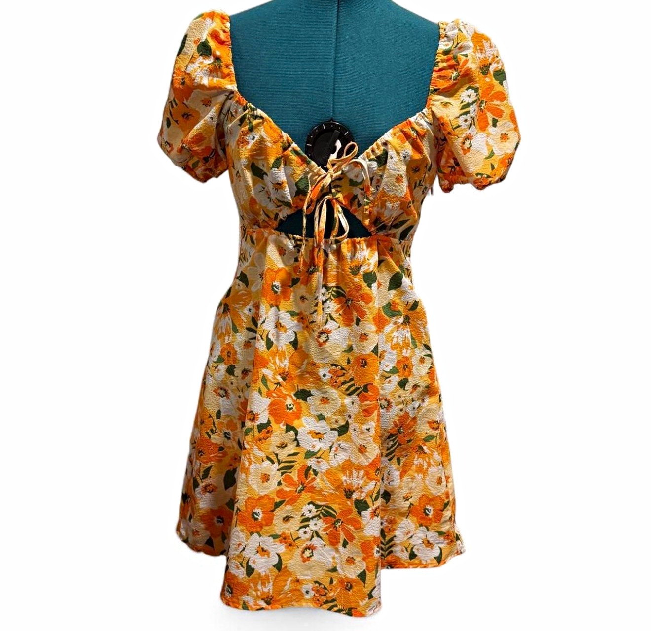 Divided Women’s Orange White Green Floral Square Neck Puff Sleeve Mini Dress S
