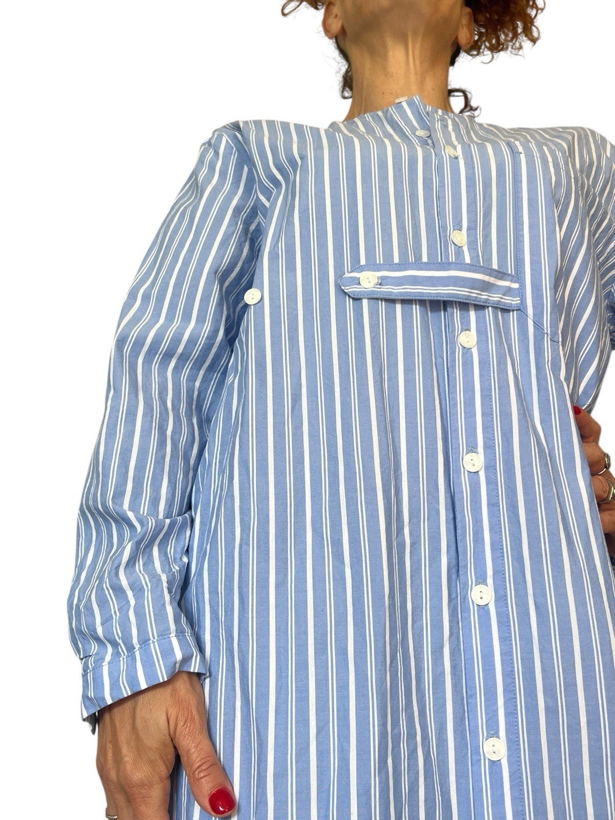 SOLIKA BLUE STRIPE SHIRT DRESS LONG SLEEVE POPLIN MODEST MIDI OVERSIZED S OR M