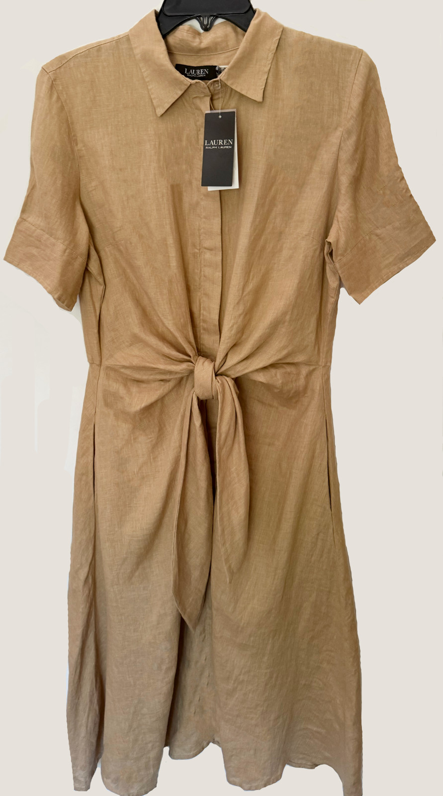 NWT Lauren Ralph Lauren Tie Front Point Collar Linen Shirt Dress, 10, Tan, $195