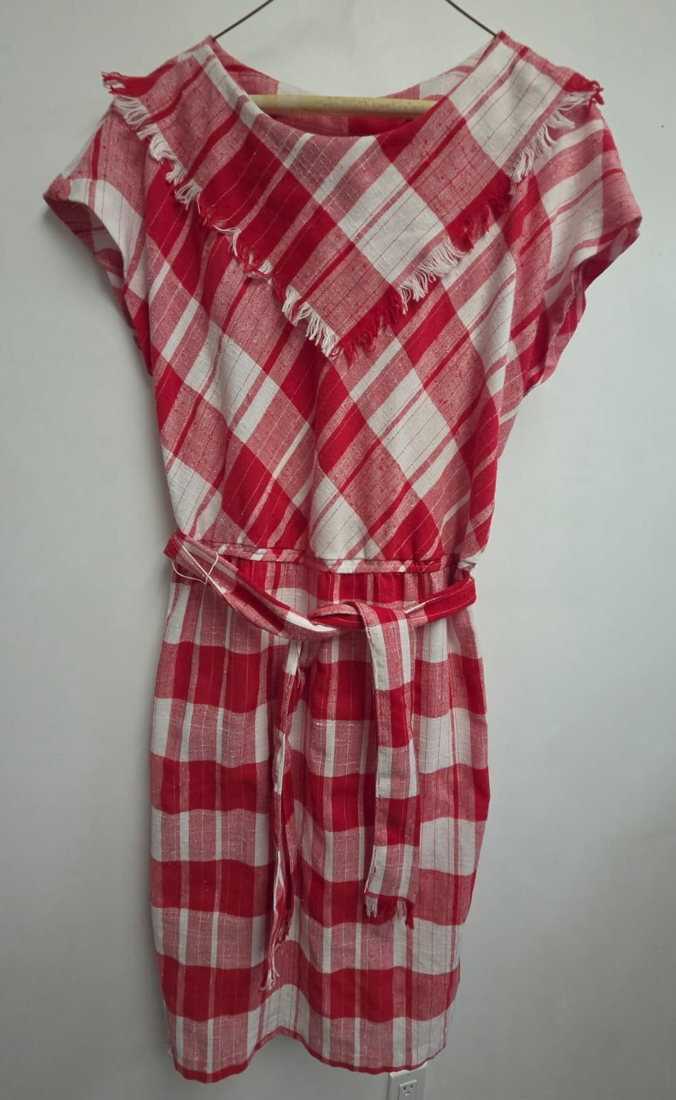 Vtg 80s Red Gingham Check Dress Fringed Sailor Collar Midi Rockabilly Boho