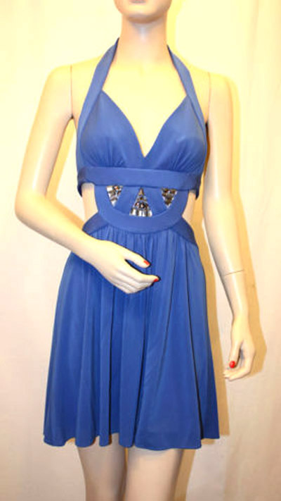 $318 BCBG LARKSPUR BLUE (ACJ6I547) BEADES CUT OUT JERSEY HALTER DRESS NWT XS