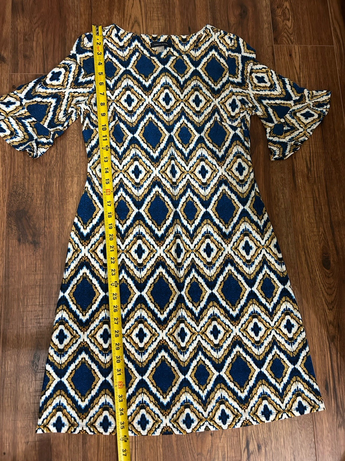 Tommy Hilfiger Blue Gold White Geometric Sheath Dress Ruffle Sleeve Size 6