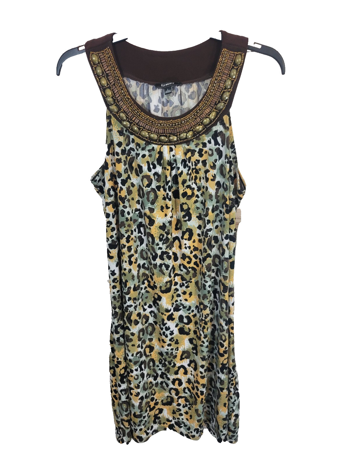NWT Elementz Sleeveless Casual Dress Brown Leopard Print Beaded Women’s SZ Large