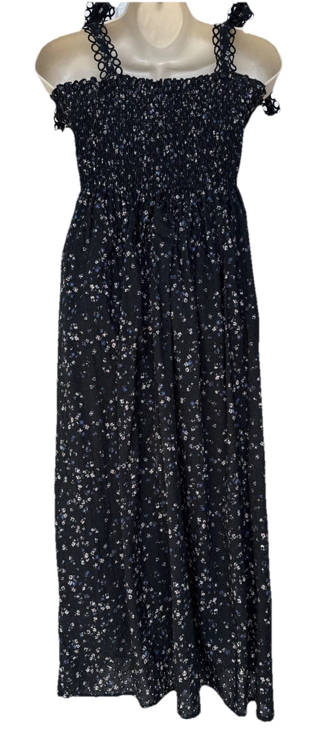 Anthropologie Maia Bergman Simone Smocked Black Floral Eyelet Midi Dress Size S