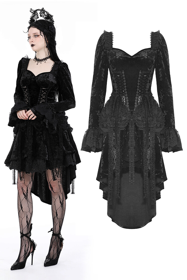 DARK IN LOVE Women Black Punk Gothic Retro Tasseled Dovetail Velvet Party Dress