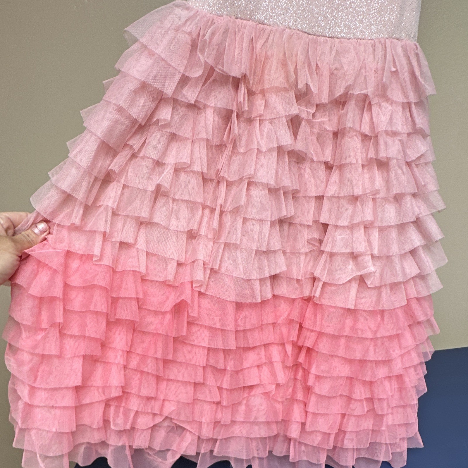 Women’s Pink Glitter High Neck Halter Ruffle Layered Tulle Dress S (bin3)