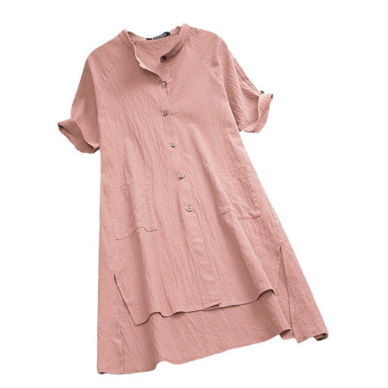 Casual Womens Raglan-sleeve Cotton-linen Top With Buttoned Pockets