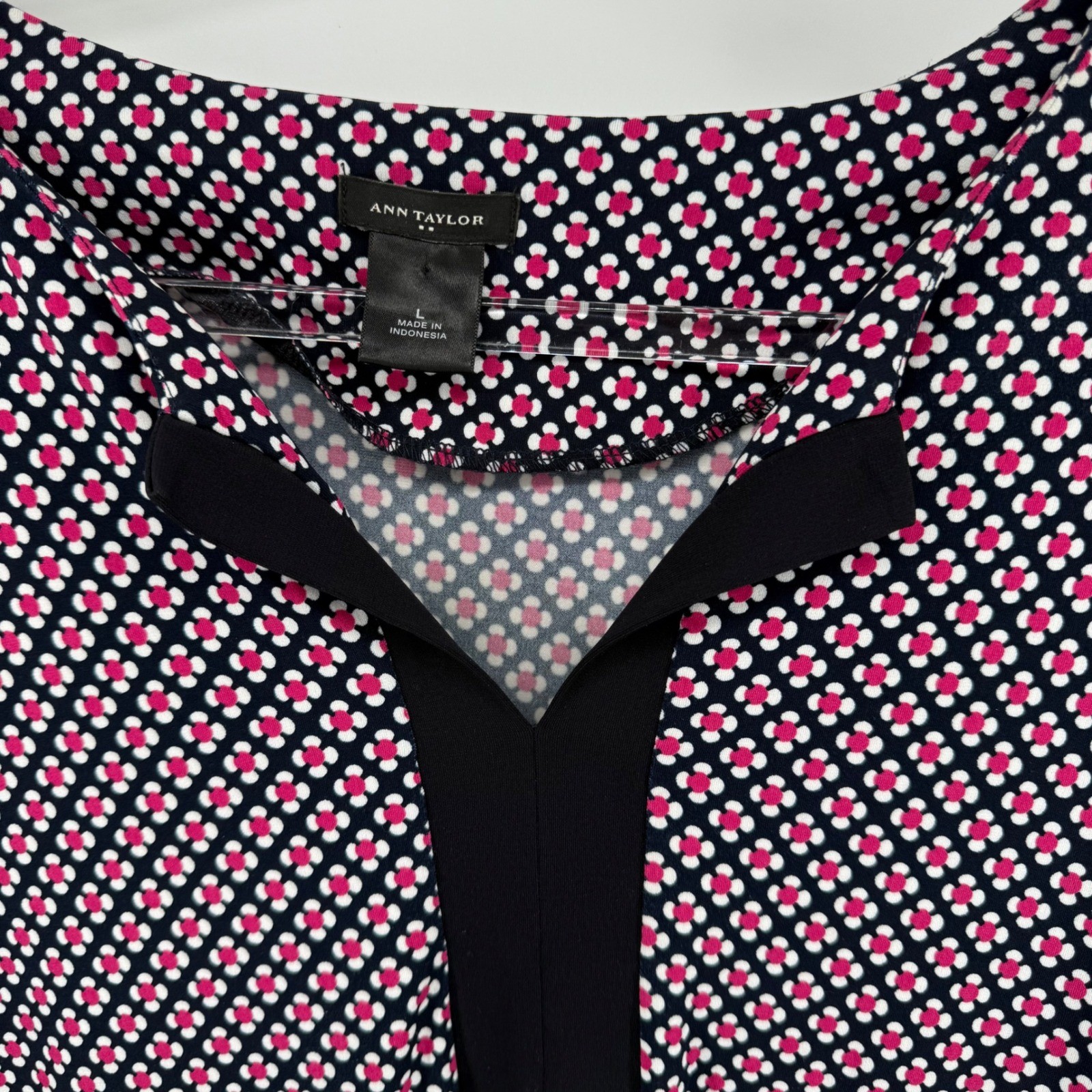 Ann Taylor Dress Size L Geometric Print V Neck 3/4 Sleeve Black Pink White
