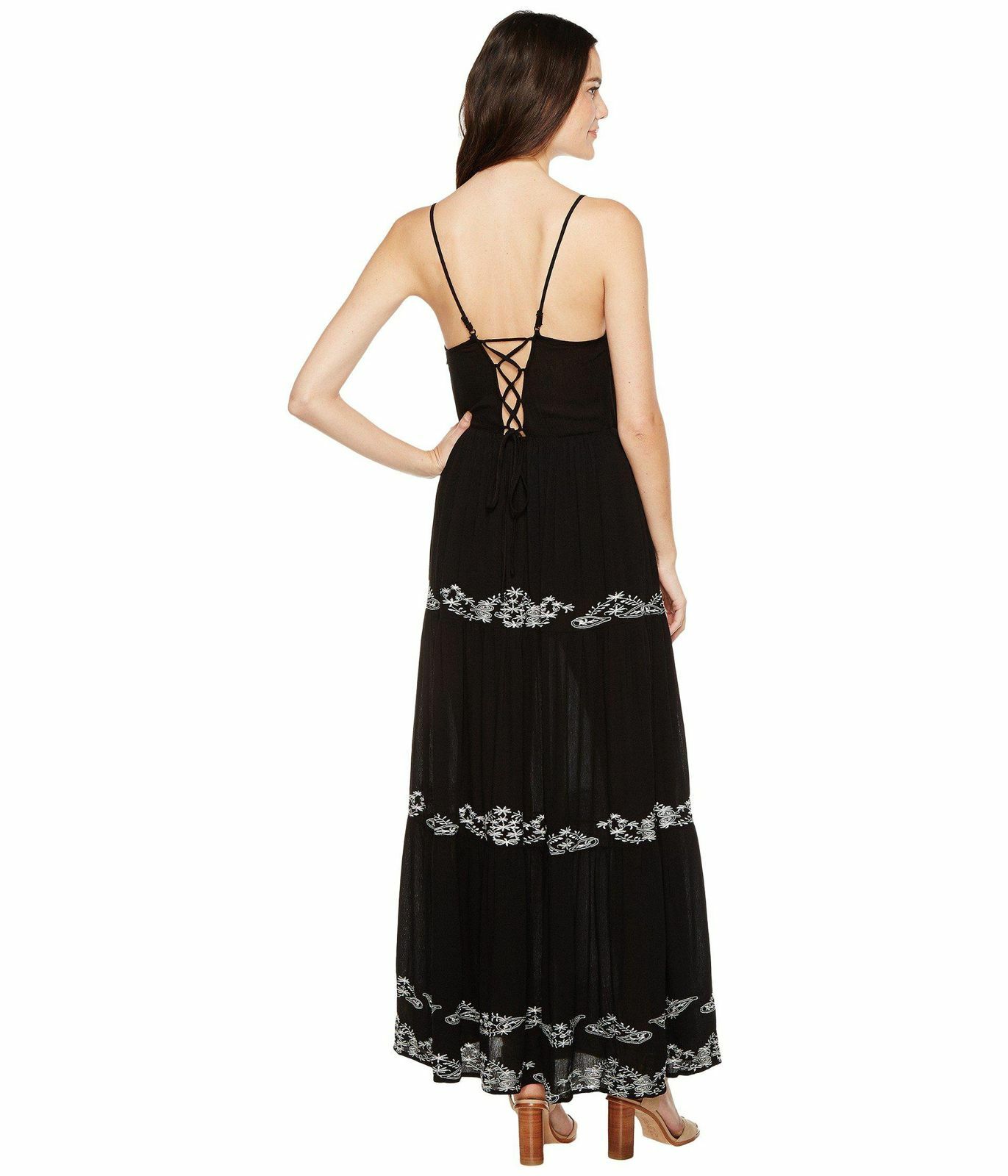 $380 Brigitte Bailey Women Black Blaine Embroidered Sleeveless Maxi Dress Size L