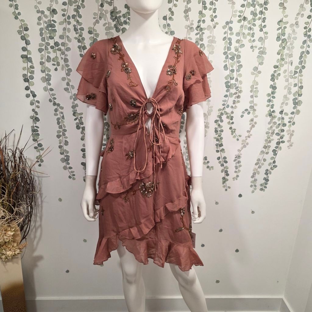 ASOS Design Beaded Ruffle Mini Dress Dusty Rose US 12 NWT
