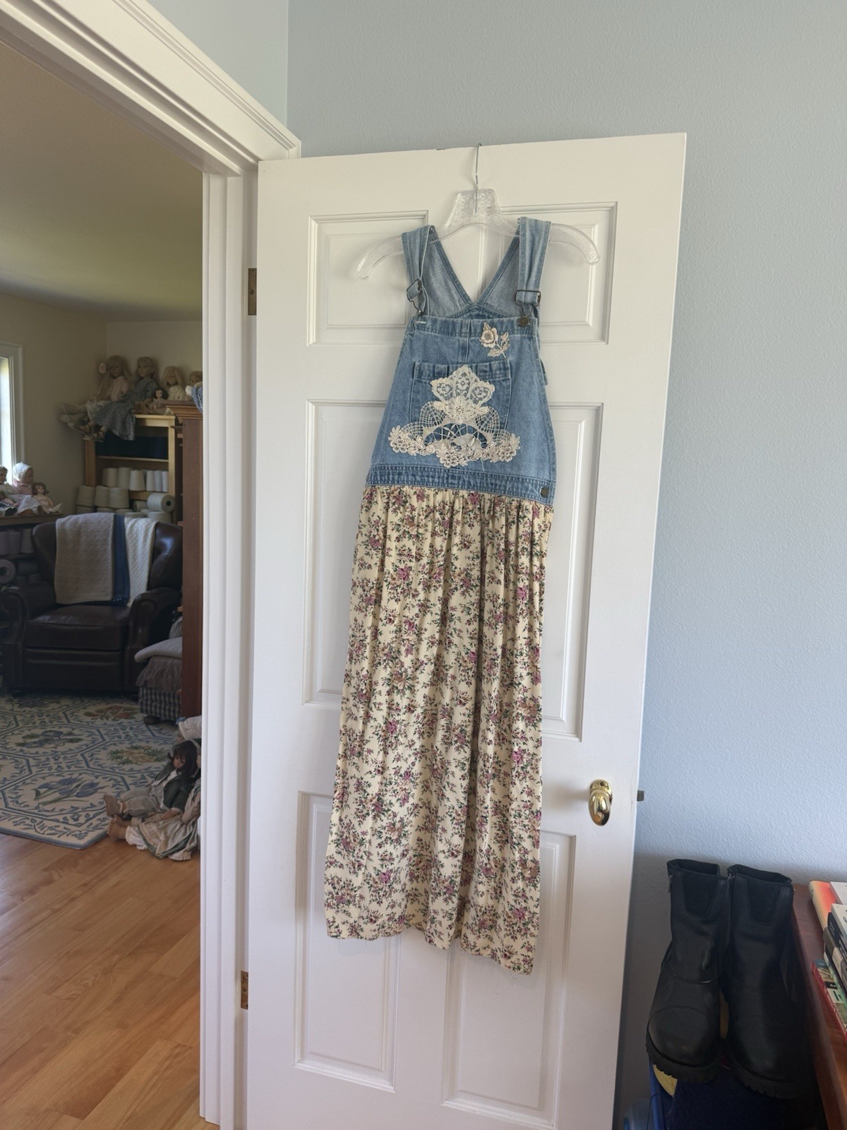Linda Harris Nordstrom long blue jeans floral overall dress 1990’s new vintage