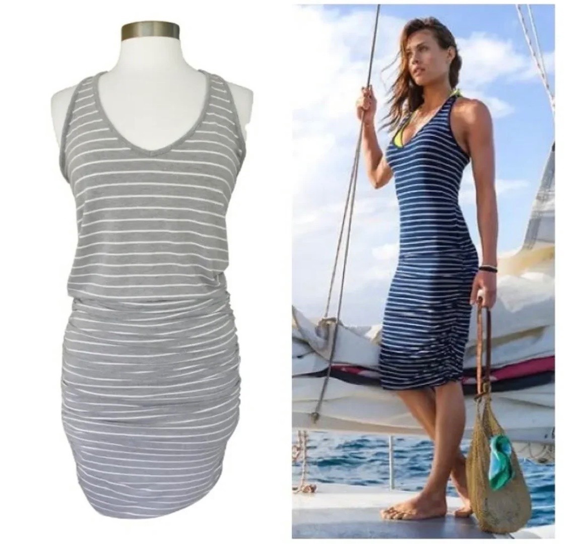 ATHLETA Dress Womens S Gray White Striped Ember Midi Racerback Sleeveless Ruched