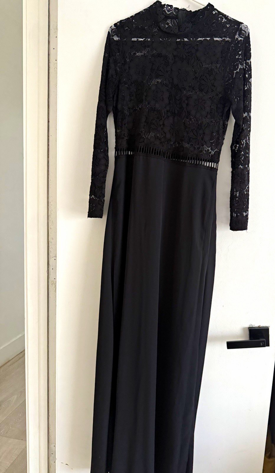 Women’s Black Lace Sheer High Neck Long Sleeve Maxi Dress Formal Size S