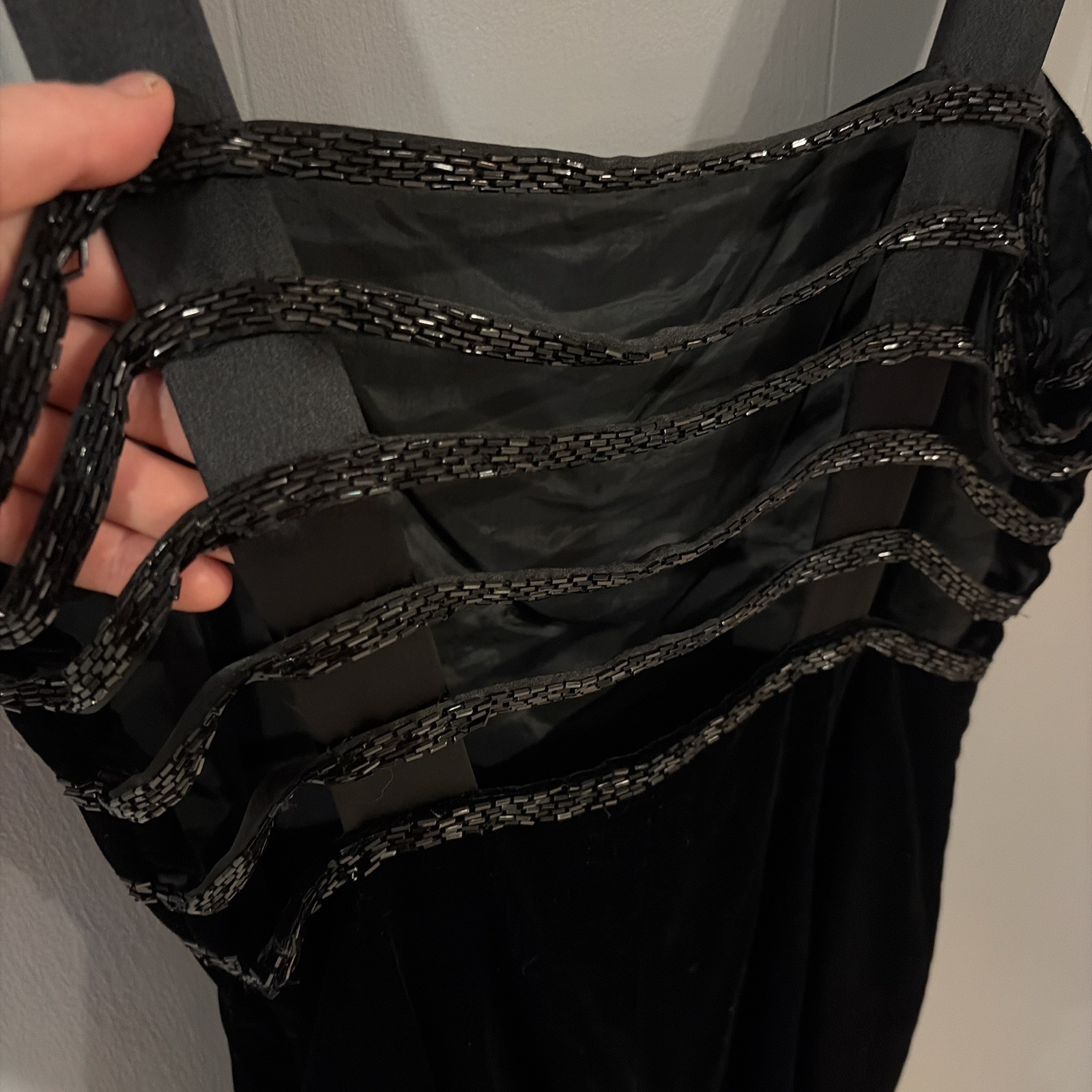 Vintage 90s NITELINE Della Roufogali Black Beaded Open Back Cocktail Party Dress
