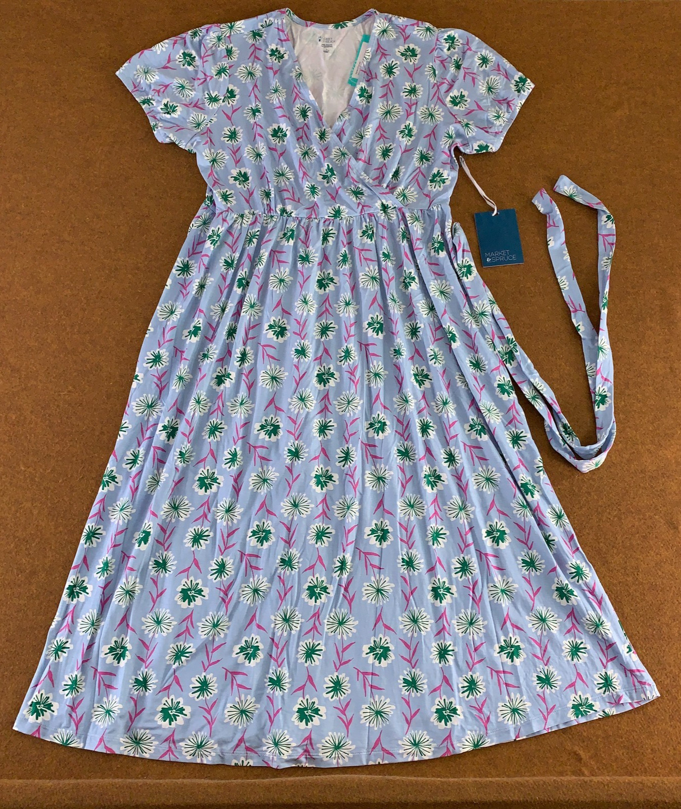 Market & Spruce Womens Size Large Blue Floral Print Short Sleeve Midi Dress NWT