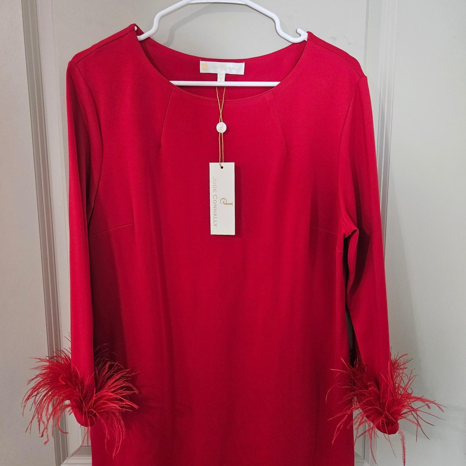 Jude Connally Red Feather Cuff Long Sleeve Shift Dress Womens Large NWT NEW