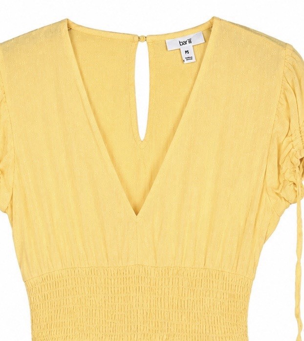 Bar III Yellow V-Neck Short Sleeve A-Line Midi Dress Smocked Waist Petite PS