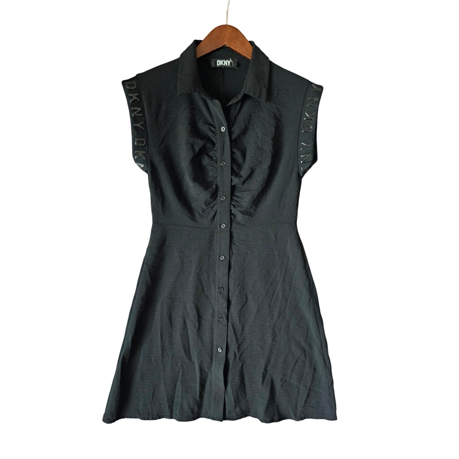 DKNY Womens Black Sleeveless Ruched Button Front Logo Tape Shirt Dress LBD