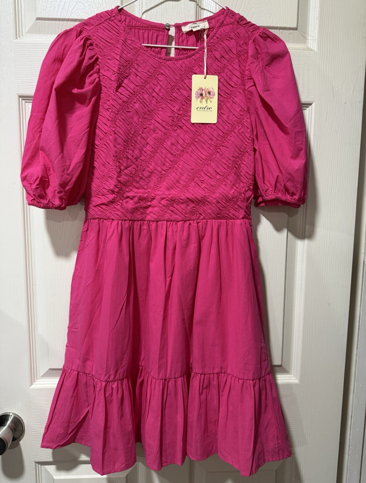 Entro Women’s Pink Solid A-Line Dress S 3/4 Puff Sleeve Smocked