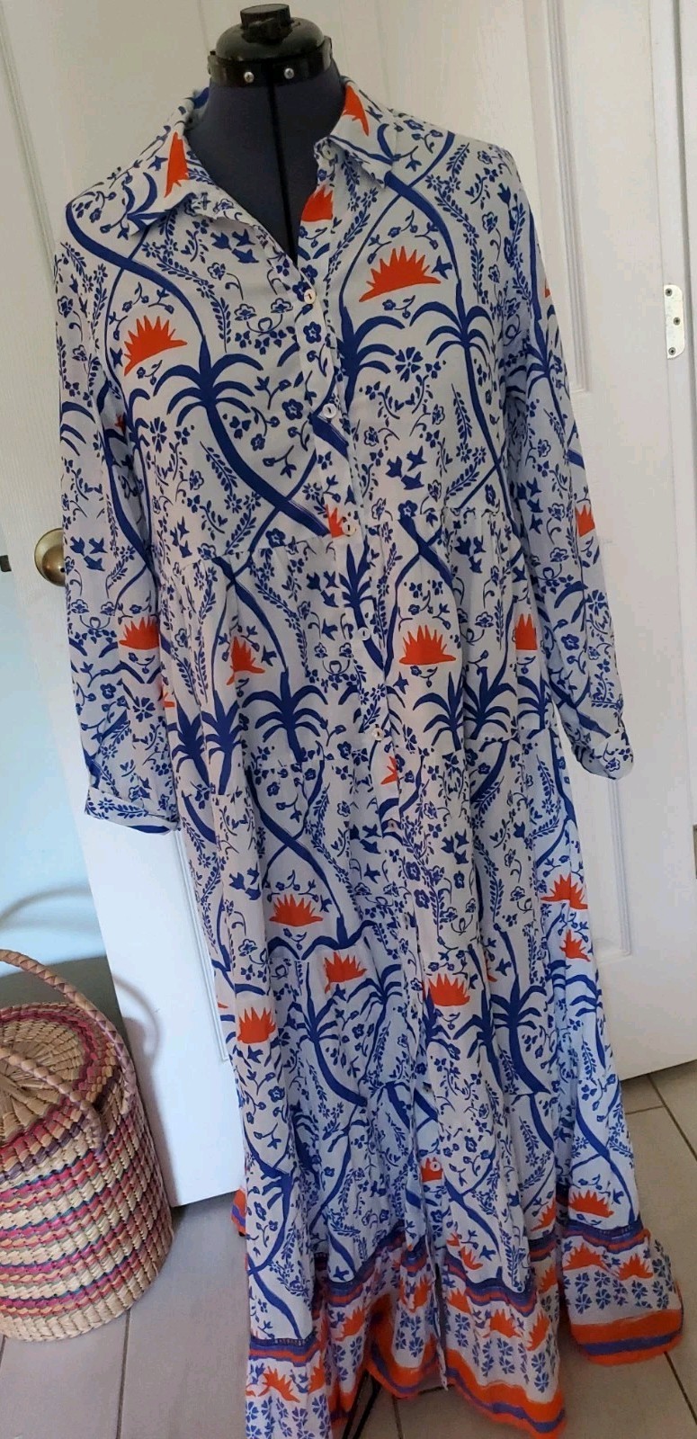 RO’S GARDEN Tuckernuck Jinette Large Maxi Dress Tiered Long Sleeve Palm Trees