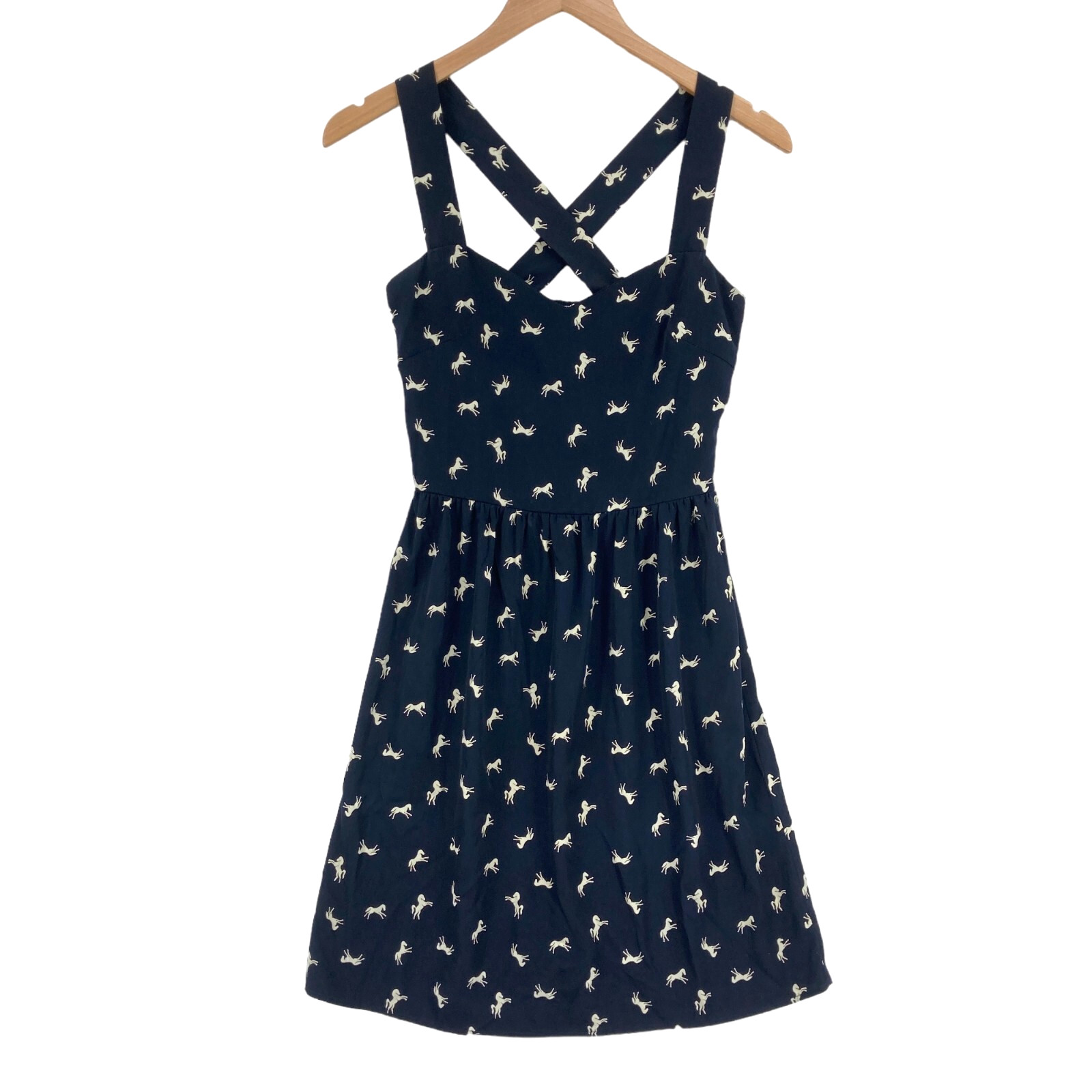 Womens Navy Cream Horse Print Wide Straps V Neck Fit & Flare Midi Sundress