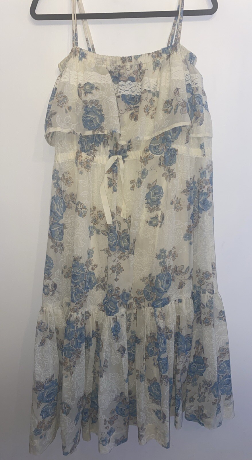 Ruffle Tiered Ivory Blue Floral Pattern Midi Dress Women’s Handmade