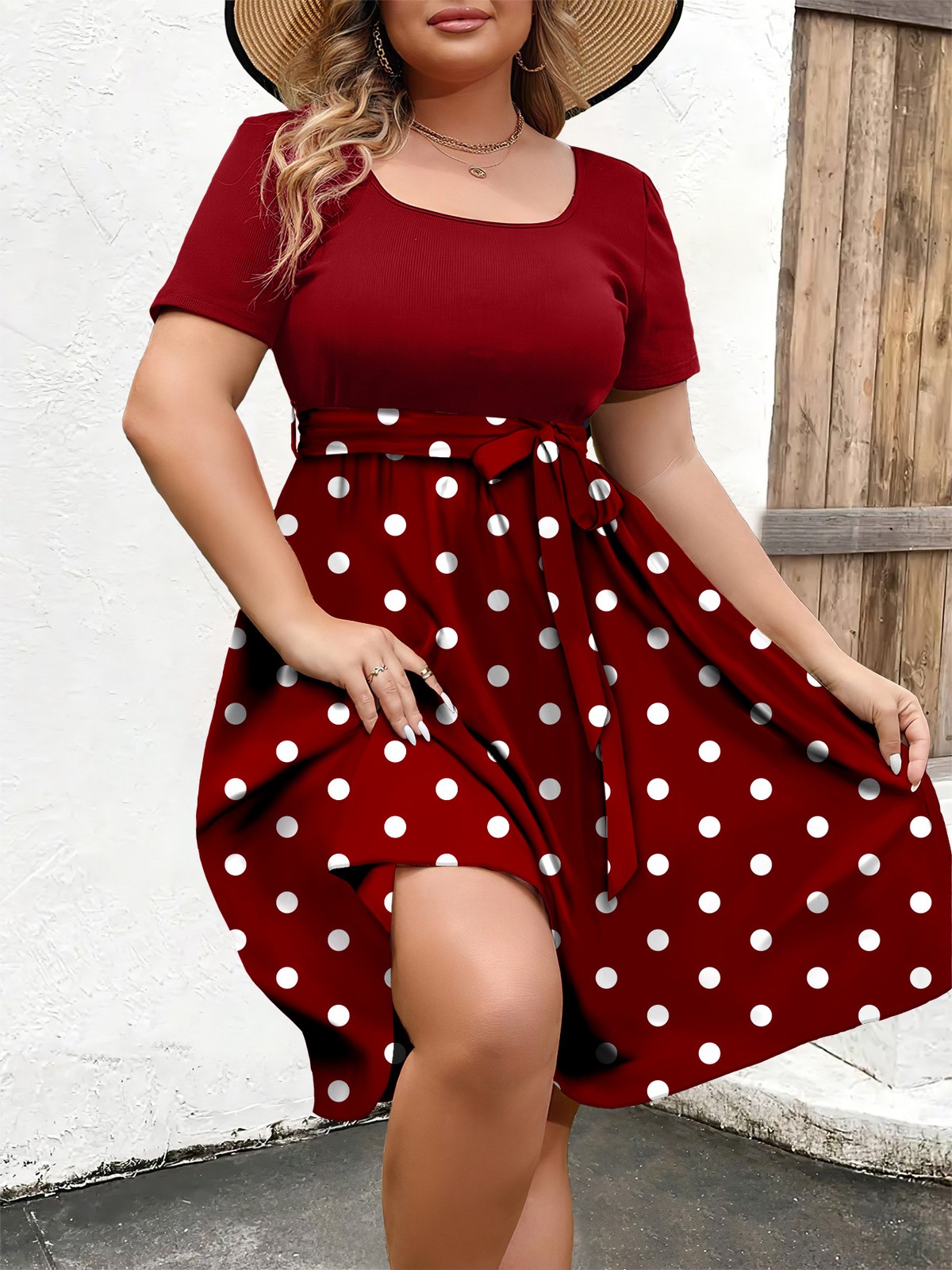 Women Plus Size Elegant Polka Dot Dress Short Sleeve Casual Dress 0XL-4XL