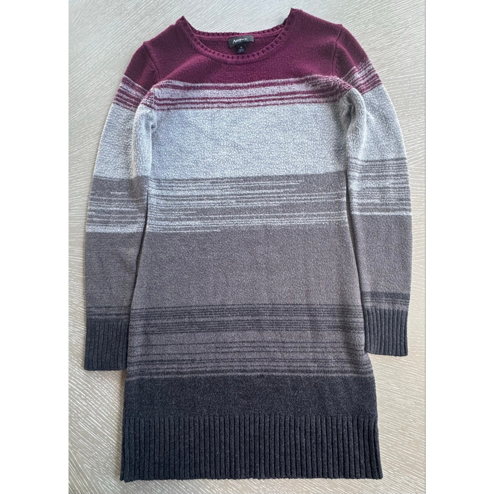 Amywear Long Sleeve Striped Sweater Dress (Burgundy & Grey Gradient) – Size M