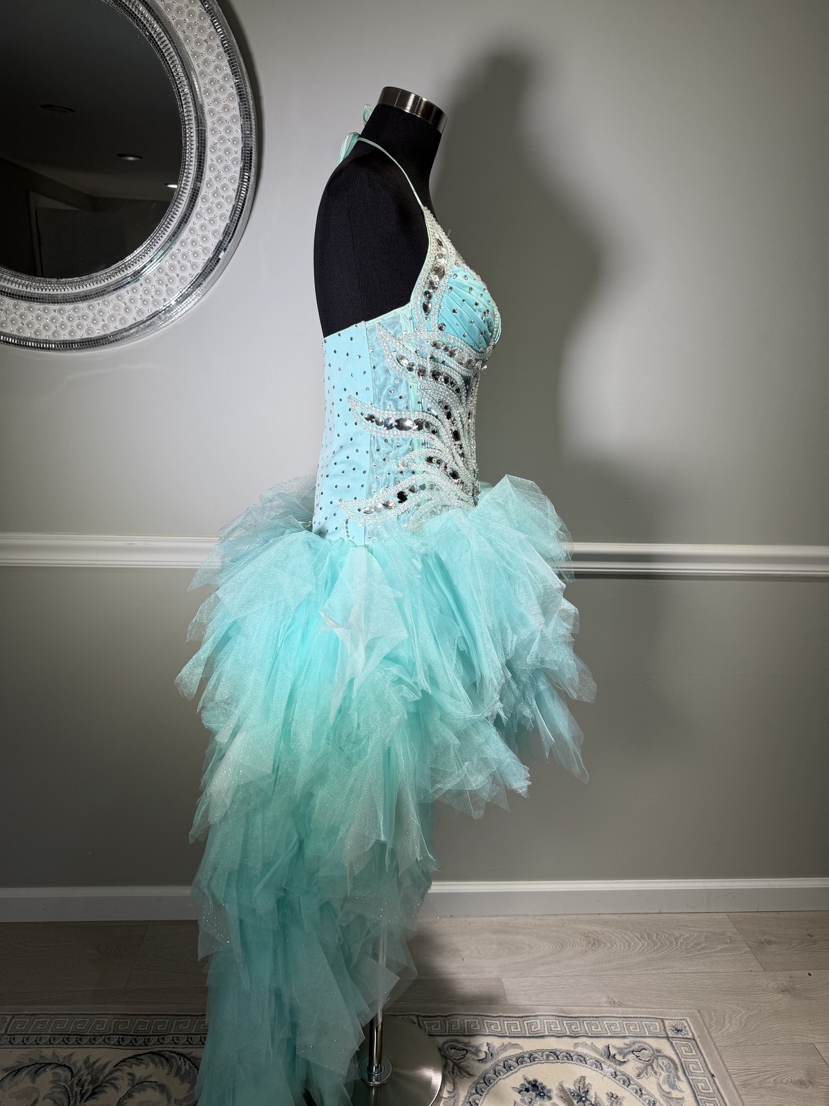 Mint Rhinestone Beaded Corset Strapless Tulle Mini Gown Size 10-12