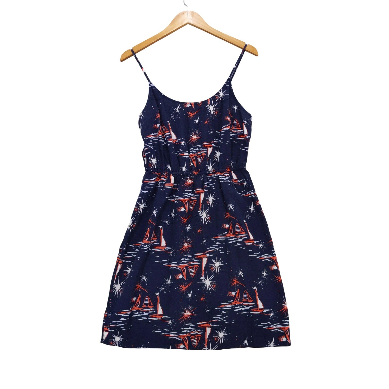 Old Navy Sundress Sz S Navy Blue Nautical Sailboat Linen Blend Spaghetti Strap