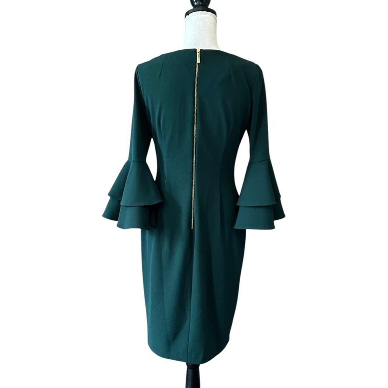 Calvin Klein 3/4 Ruffle Sleeve Zip Back Sheath Career Cocktail Dress SZ 6 Green
