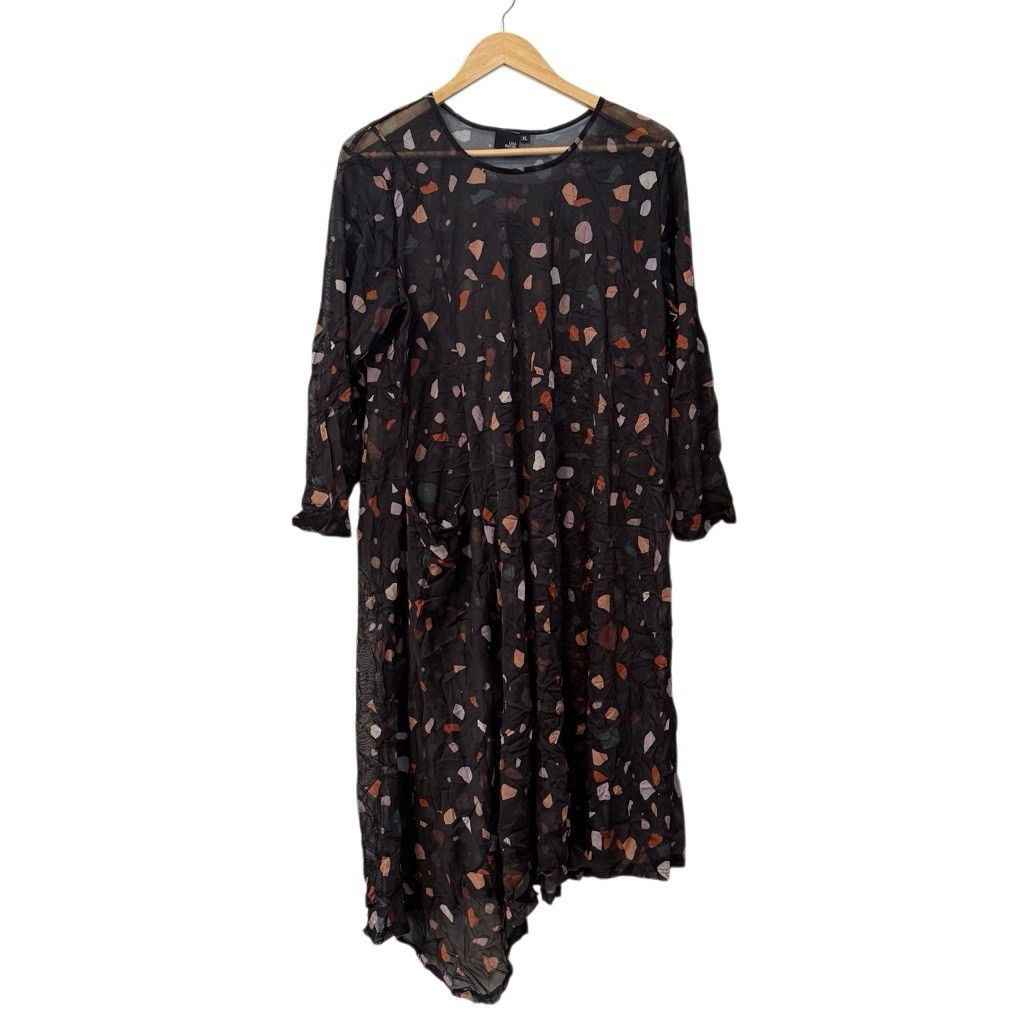 Lisa Bayne Printed Asymmetric Sheer Midi Dress XL Artsy Lagenlook Boho Chic