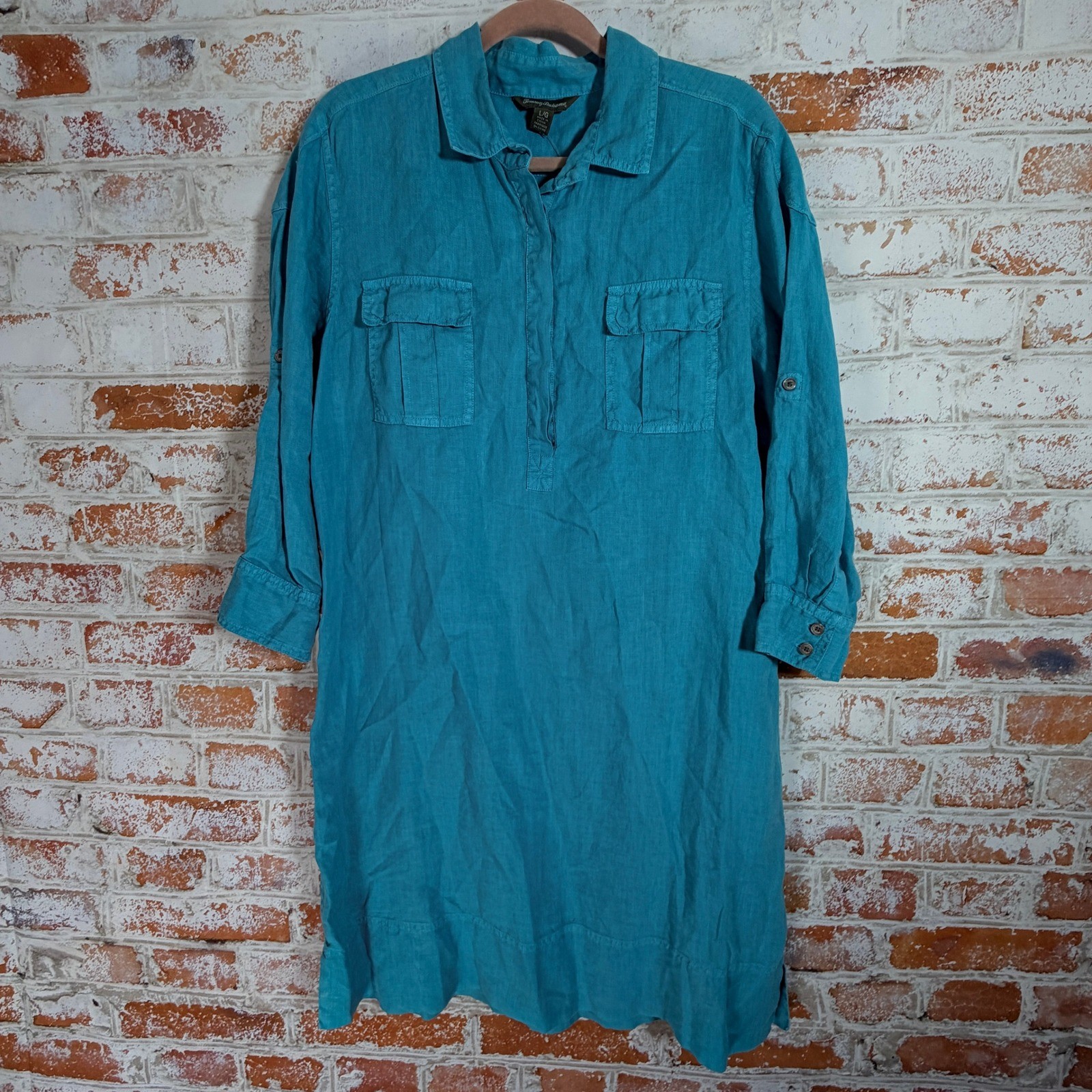 Tommy Bahama Linen Tunic Dress Womens Large Teal Blue Excellent Roll Tab Sleeve