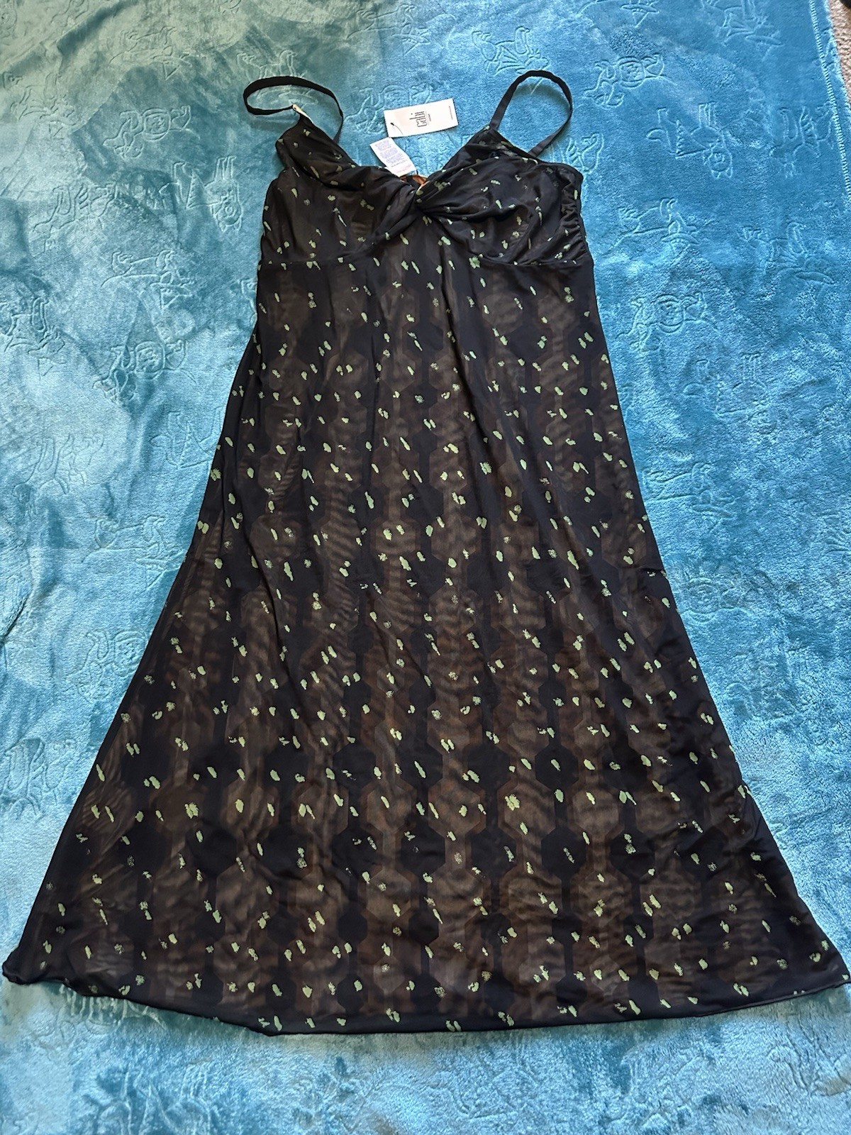 CAbi Trophy Dress Black Green Geometric Mesh Slip V-Neck Strappy Midi M