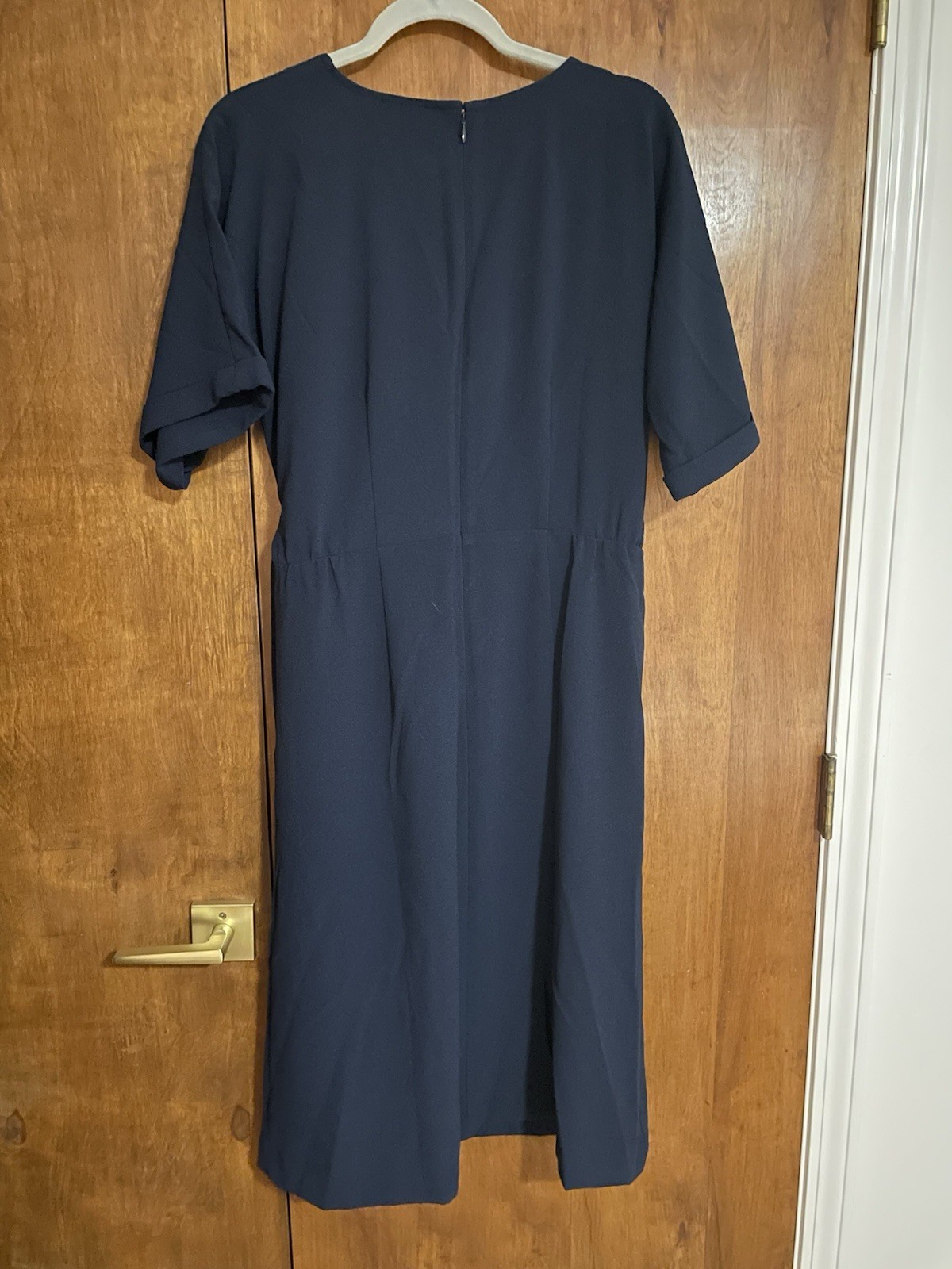 Ann Taylor Factory Navy Solid V-Neck Wrap Dress Short Sleeve Tie, Sz M