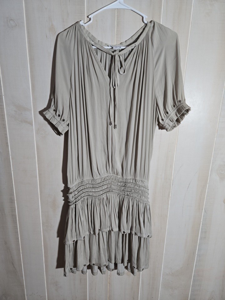 Current Air Anthropologie Taupe Tiered Mini Dress Pleated Satin Sz M
