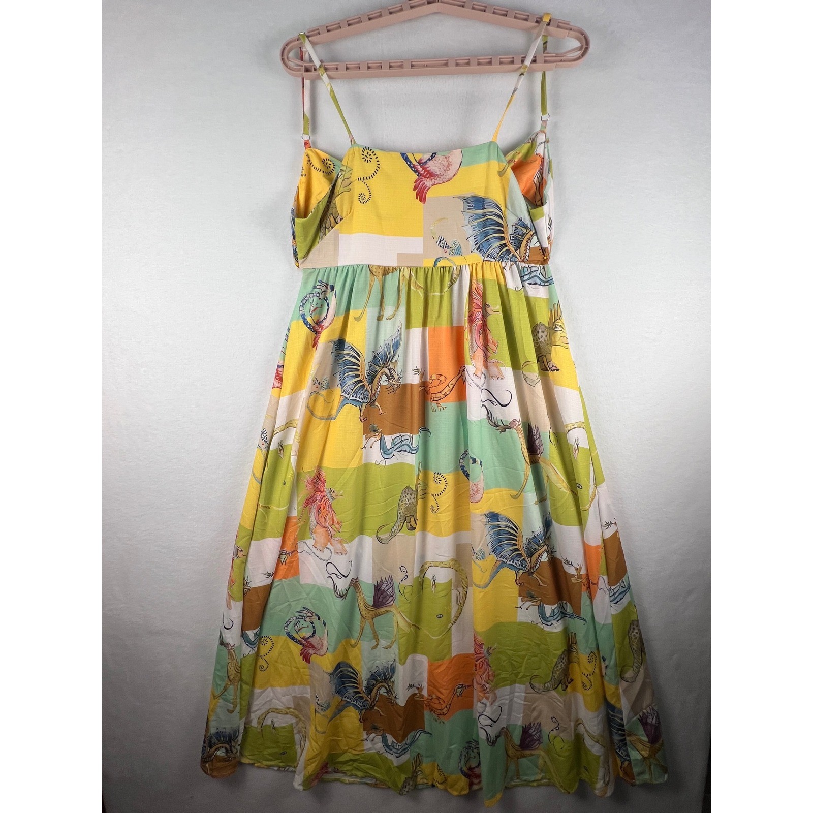 Dragon Print Patchwork Midi Dress Sleeveless Tie Back Multicolor Mythical M
