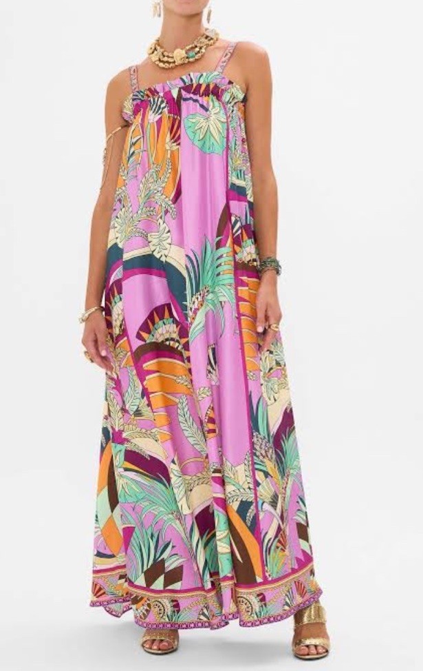 Camilla Wide Strap Sundress Giza Goddess Size M/L Resort Maxi $799 Silk Pink