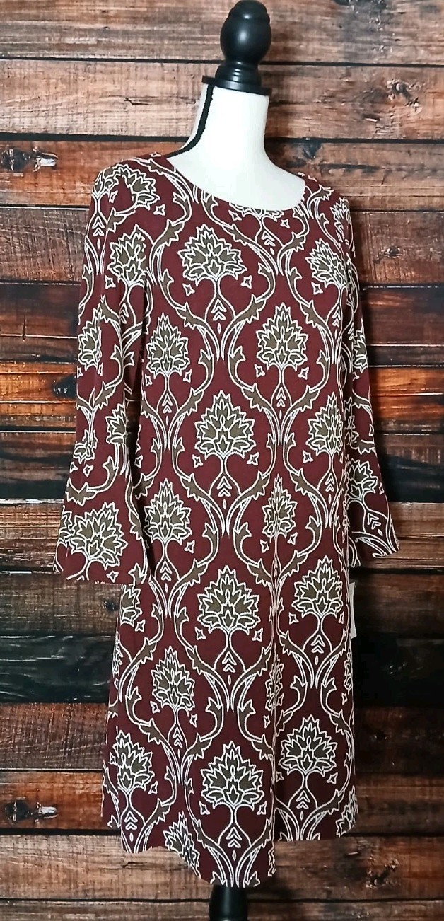 RN Studio Ronni Nicole Dress Small Damask Print Bell Sleeve Keyhole Knit NWT $74