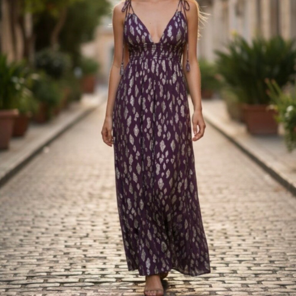 Altar’d State Vanessa Purple & Gold Metallic Leaf Maxi Dress V-Neck Tassel Tie L